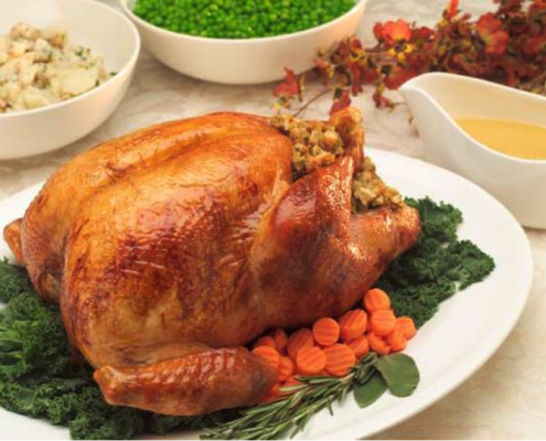 free-range roast turkey on a table